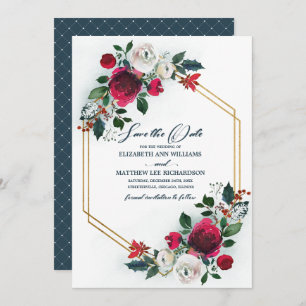 Save the Date. Dusty Blue Burgundy Bloom Wedding Invitation