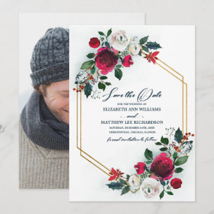 Save the Date. Dusty Blue Burgundy Wedding Photo Invitation