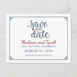 "Save the Date" - Dusty Blue & Dark Red Announcement Postcard