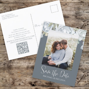 Save the Date Dusty Blue Floral Wedding QR Code Postcard