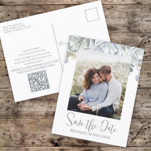 Save the Date Dusty Blue Floral Wedding QR Code Postcard