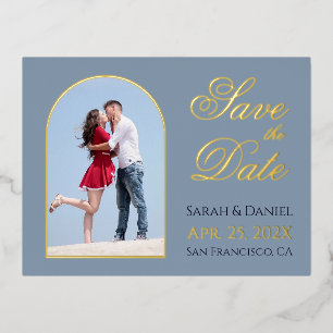 Save the Date Dusty Blue Photo in Arch Gold Script Foil Invitation Postcard