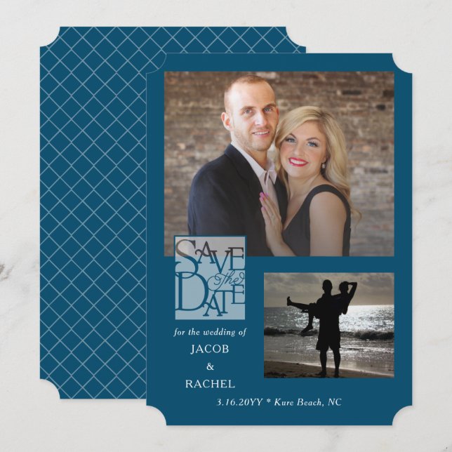 Save the Date Elegant 2-Photo Ocean Blue Wedding (Front/Back)