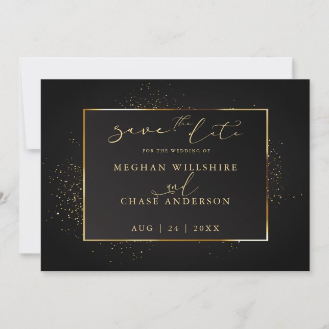 SAVE THE DATE | Elegant Black and Gold Glitter (Front)