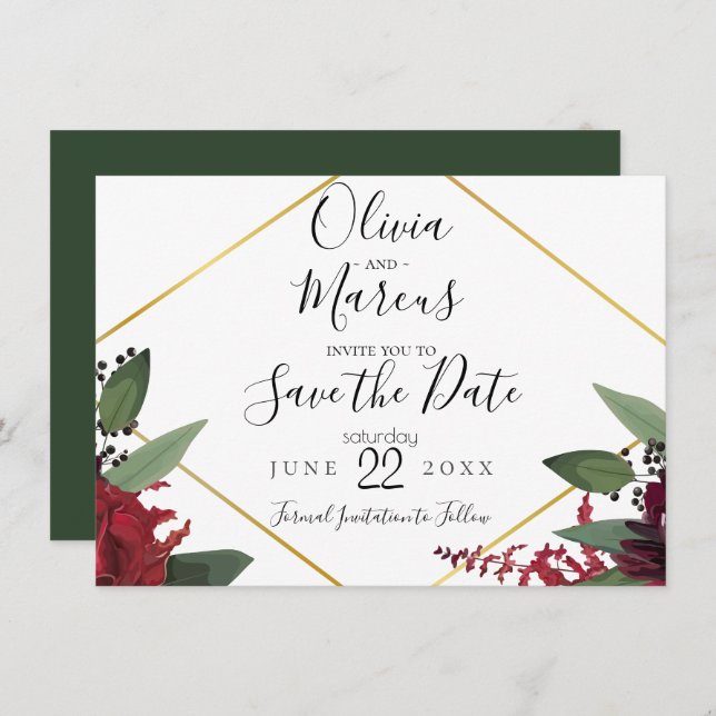 SAVE THE DATE  | Elegant Burgundy Marsala Floral 2 Invitation (Front/Back)