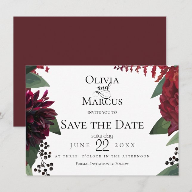 SAVE THE DATE | Elegant Burgundy Marsala Floral Invitation (Front/Back)
