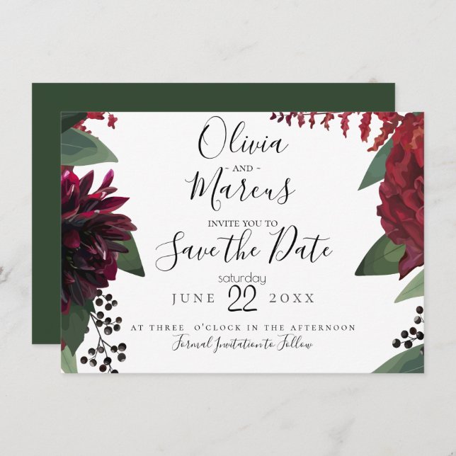 SAVE THE DATE | Elegant Burgundy Marsala Floral Invitation (Front/Back)