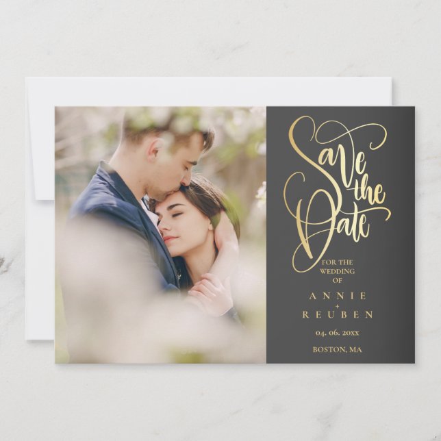 Save the Date Elegant Chic Gold Script Photo Invitation (Front)