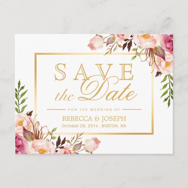 Save the Date Elegant Chic Pink Floral Gold Frame Announcement Postcard (Front)
