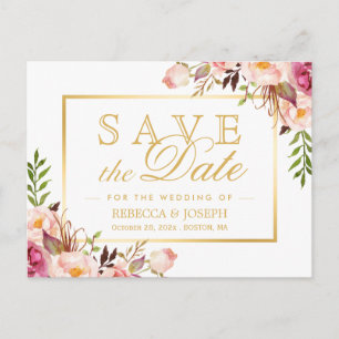 Save the Date Elegant Chic Pink Floral Gold Frame Postcard