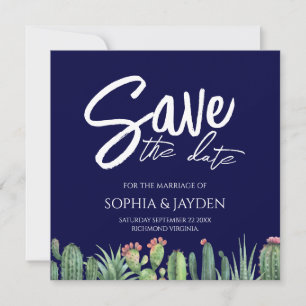 Save The Date Elegant Dark Navy Blue Cactus