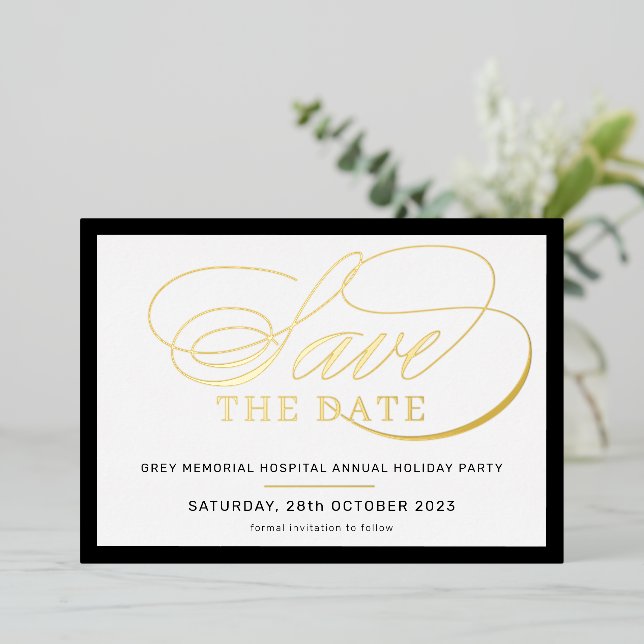 SAVE THE DATE elegant fancy script black gold (Standing Front)