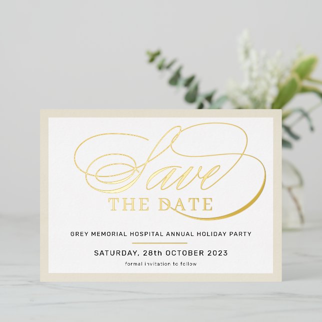 SAVE THE DATE elegant fancy script ivory gold (Standing Front)