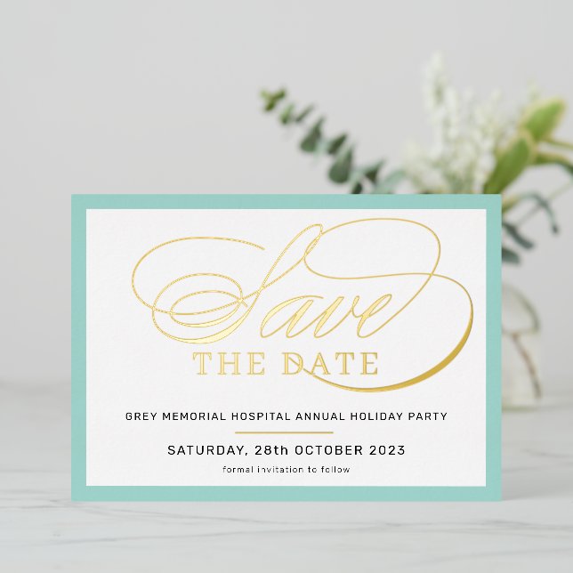 SAVE THE DATE elegant fancy script mint green gold (Standing Front)