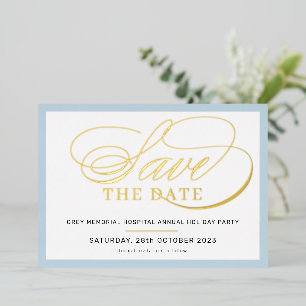 SAVE THE DATE elegant fancy script pale blue gold