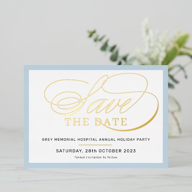 SAVE THE DATE elegant fancy script pale blue gold (Standing Front)