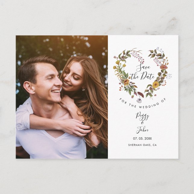 Save the Date Elegant Floral Heart Garland Photo Announcement Postcard (Front)