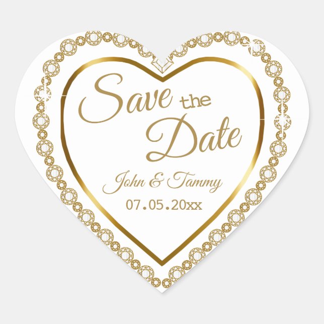 Save the Date | Elegant Gold  Diamonds Heart Sticker (Front)