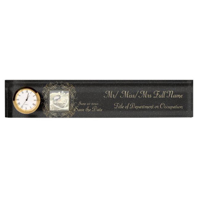Save the Date Elegant Gold Foil Dots Look Script Nameplate (Front)