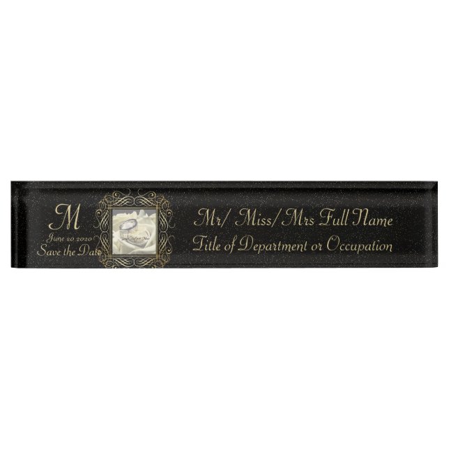Save the Date Elegant Gold Foil Dots Look Script Nameplate (Front)