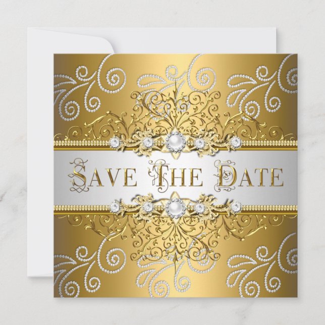 Save The Date Elegant Gold Silver Lace Diamond (Front)