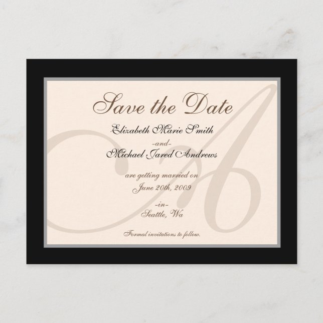 Save the Date Elegant Monogram Black Postcard (Front)