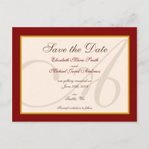 Save the Date Elegant Monogram Burgundy Postcard