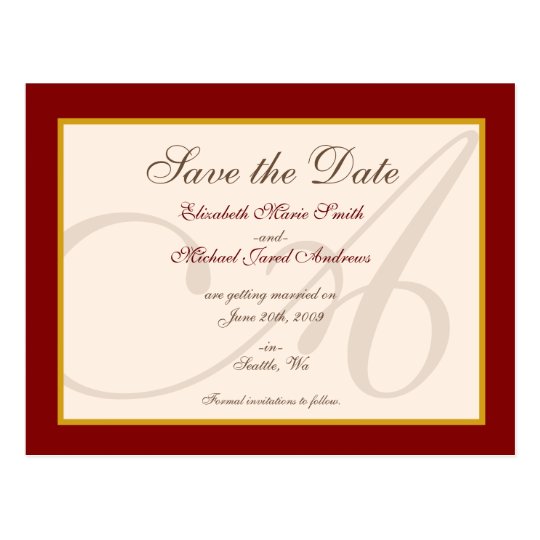 Save the Date Elegant Monogram Burgundy Postcard