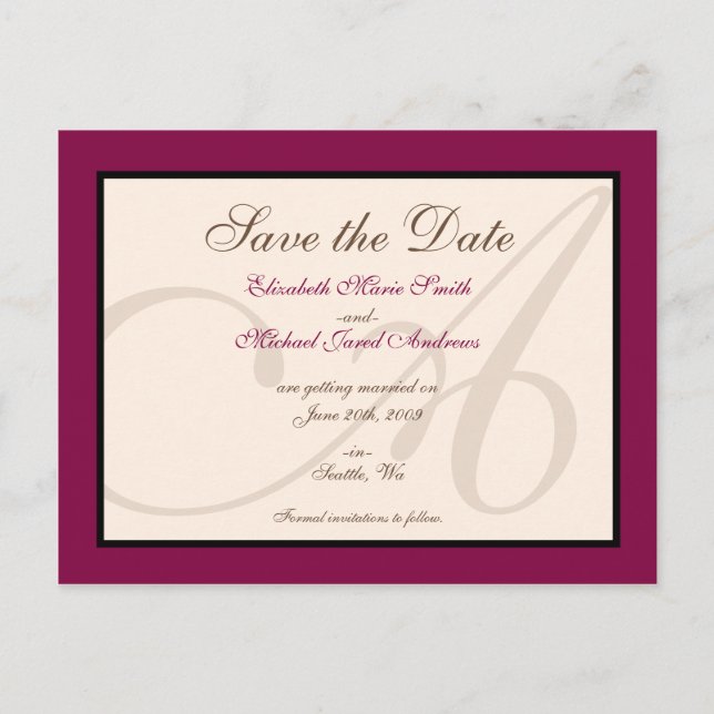 Save the Date Elegant Monogram Maroon Postcard (Front)