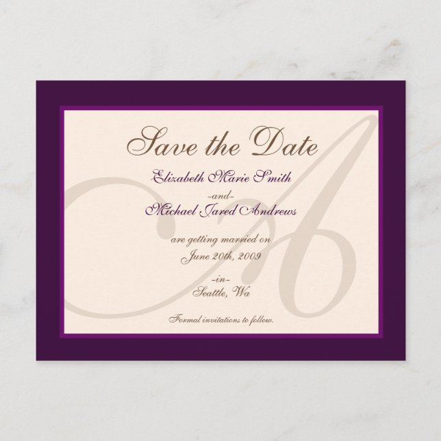 Save the Date Elegant Monogram Purple Postcard (Front)