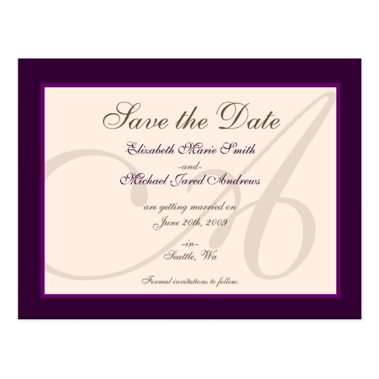 Save the Date Elegant Monogram Purple Postcard