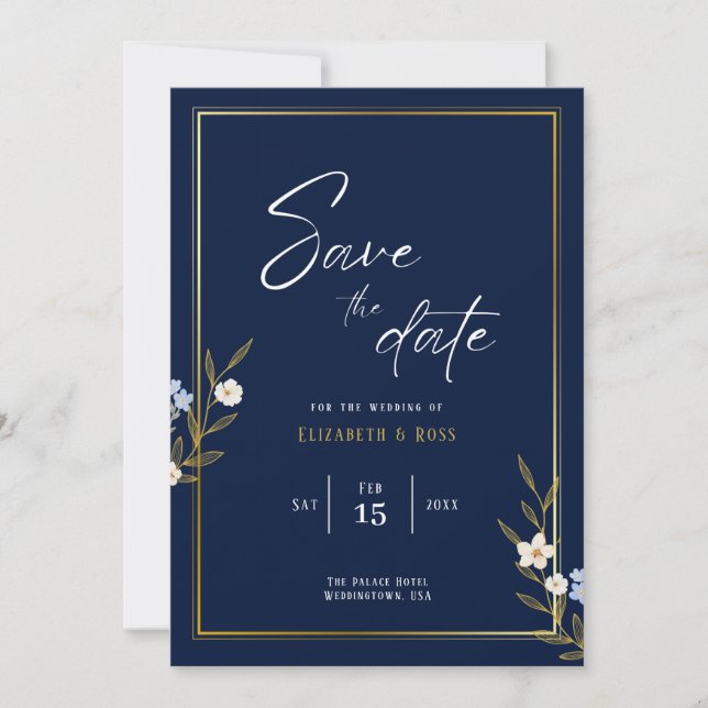 Save the Date - Elegant navy blue and gold floral  (Front)