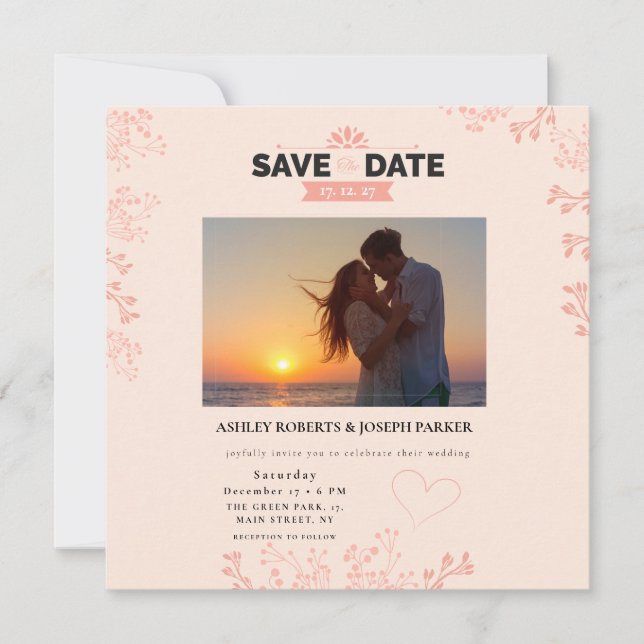 Save the Date – Elegant Pink Floral Photo Wedding  Invitation (Front)