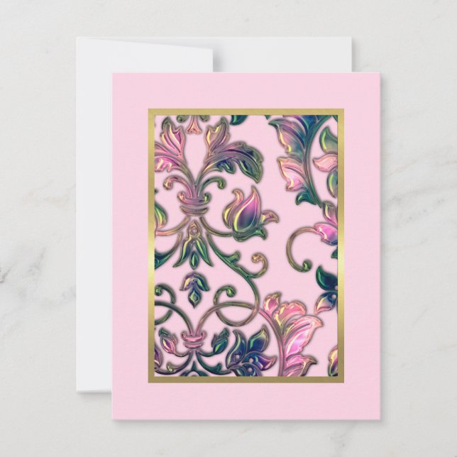 Save the Date Elegant Pink Navy and Green Damask (Front)