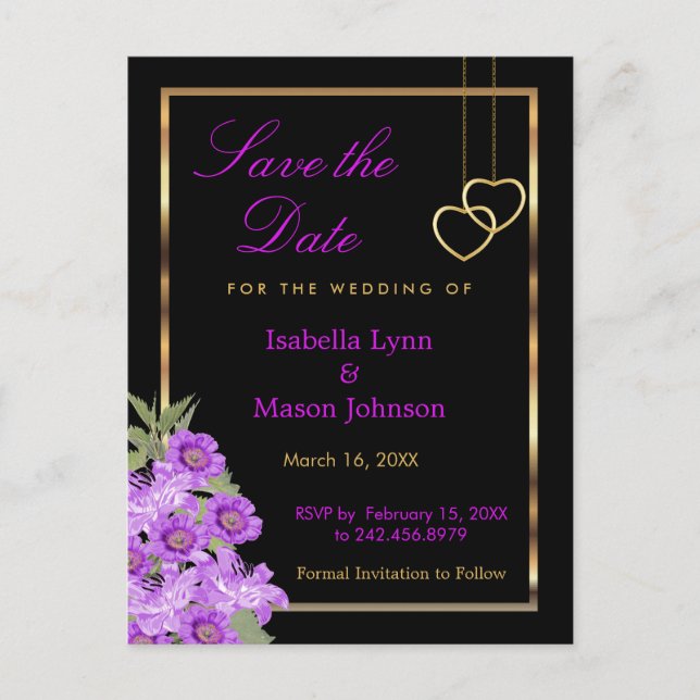 Save the Date - Elegant Purple Flower Wedding Announcement Postcard (Front)