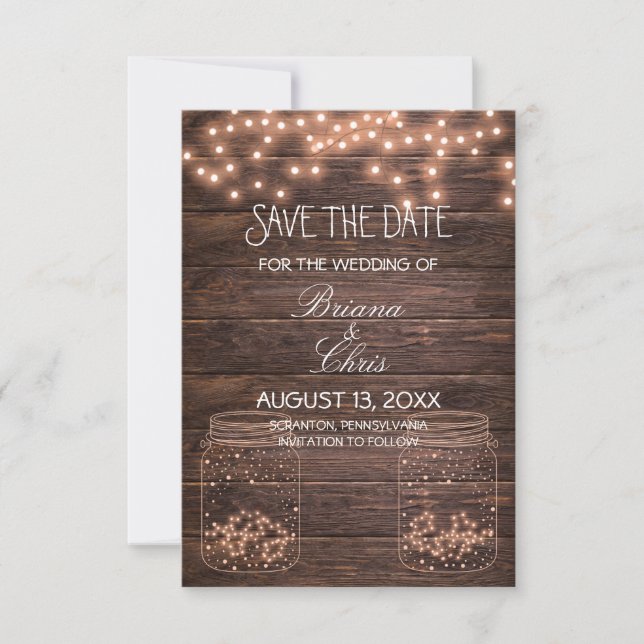 Save the Date Elegant Rustic Mason Jar Lights (Front)