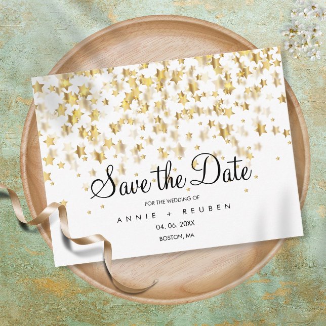 Save the Date Elegant Script Gold Stars Postcard (Creator Uploaded)