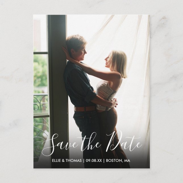 Save the Date Elegant Script Modern Photo Announcement Postcard (Front)