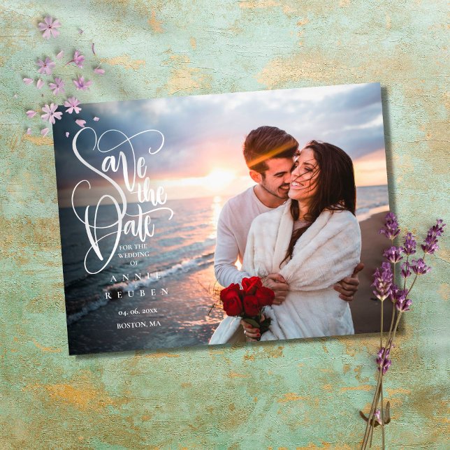 Save the Date Elegant Script Photo Postcard (Creator Uploaded)