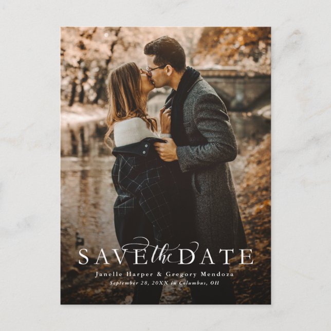 Save the date elegant vertical photo postcard (Front)