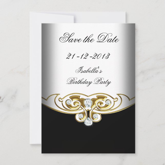 Save the Date Elegant White Black Gold Diamond (Front)