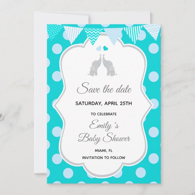 Save The Date Elephant Teal Blue Polka Dots (Front)