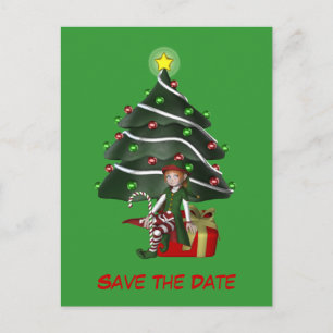 Save The Date Elf Christmas Tree Holiday Postcard