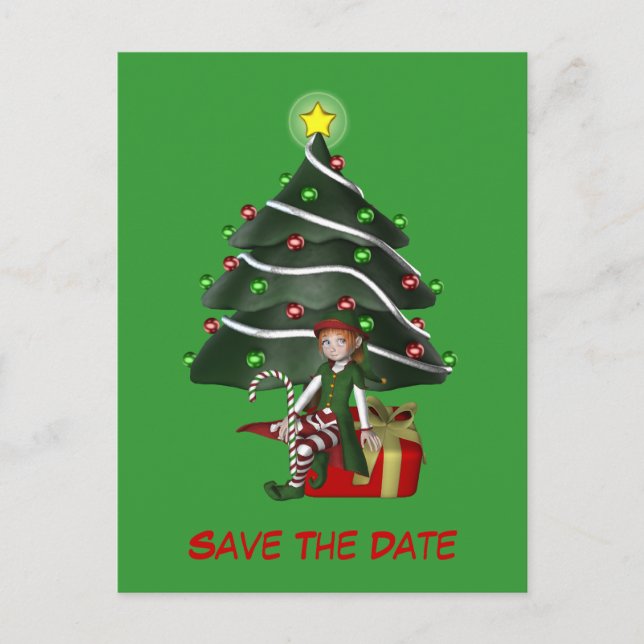 Save The Date Elf Christmas Tree Holiday Postcard (Front)