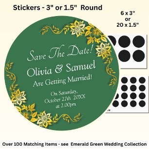 Save The Date - Emerald Green & Gold Classic Round Sticker