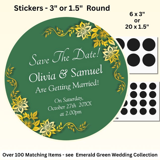 Save The Date - Emerald Green & Gold Classic Round Sticker (Creator Uploaded)