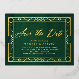 Save The Date Emerald Green Gold Decorative Frame Foil Invitation Postcard