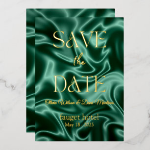 save the date emerald green silk background foil i
