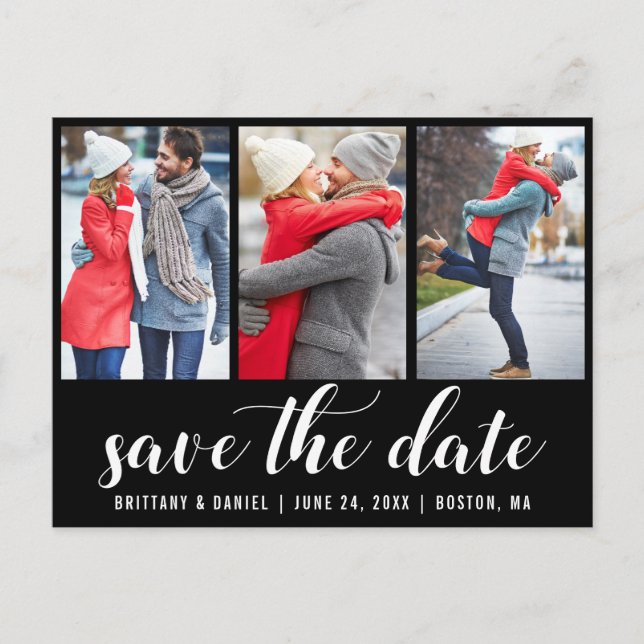 Save The Date Engagement 3 Photo Blk Postcard (Front)