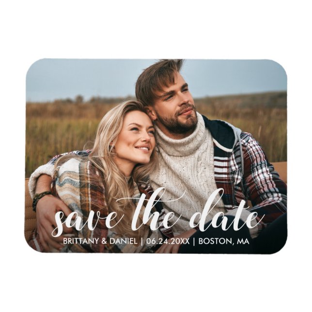 Save The Date Engagement Photo Modern Script Magnet (Horizontal)
